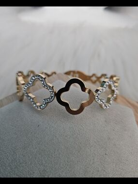 Gold Clover Link Bracelet with Crystal Accents Stainless